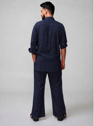 Nabia Men’s Navy Blue Solid Farsi Kurta Pants Set