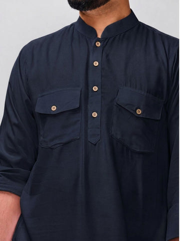 Nabia Men’s Navy Blue Solid Farsi Kurta Pants Set