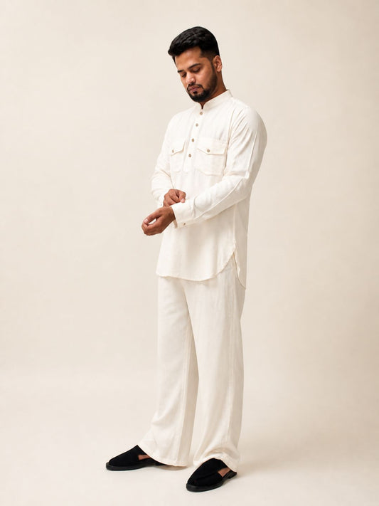 Nabia Men’s Off White Solid Farsi Kurta Pants Set