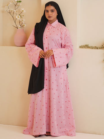 Pink Front Open Striped Shirt Dress
