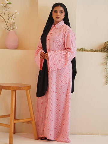 Pink Front Open Striped Shirt Dress