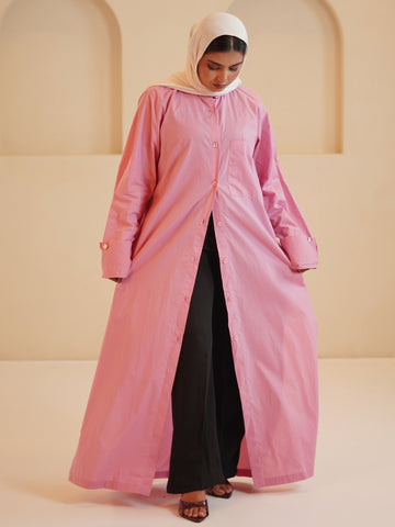 Pink Front Open Solid Shirt Dress