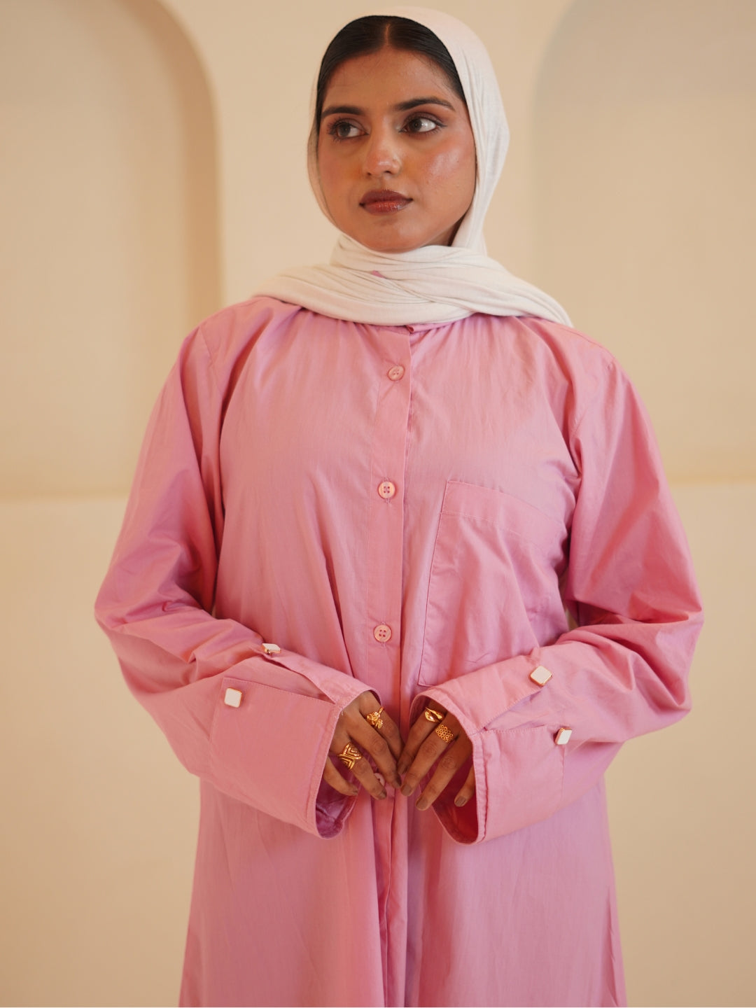 Pink Front Open Solid Shirt Dress