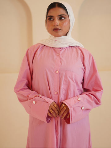 Pink Front Open Solid Shirt Dress