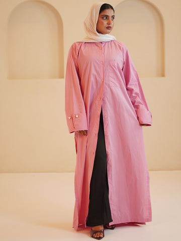 Pink Front Open Solid Shirt Dress