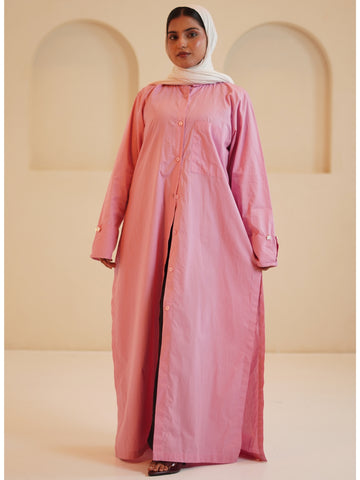 Pink Front Open Solid Shirt Dress