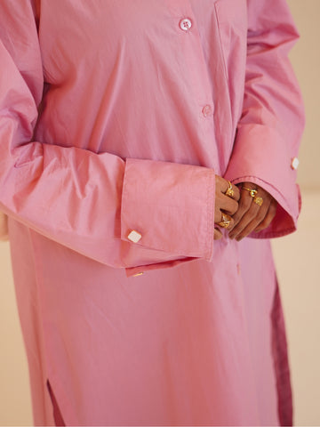 Pink Front Open Solid Shirt Dress