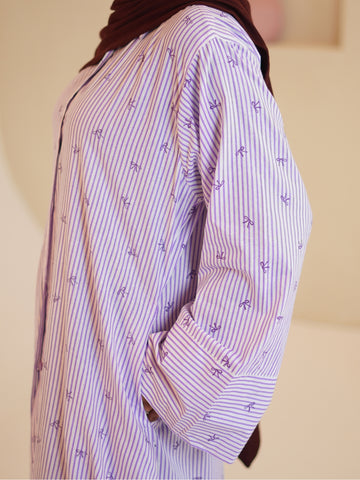 Purple Front Open Striped Shirt Dress