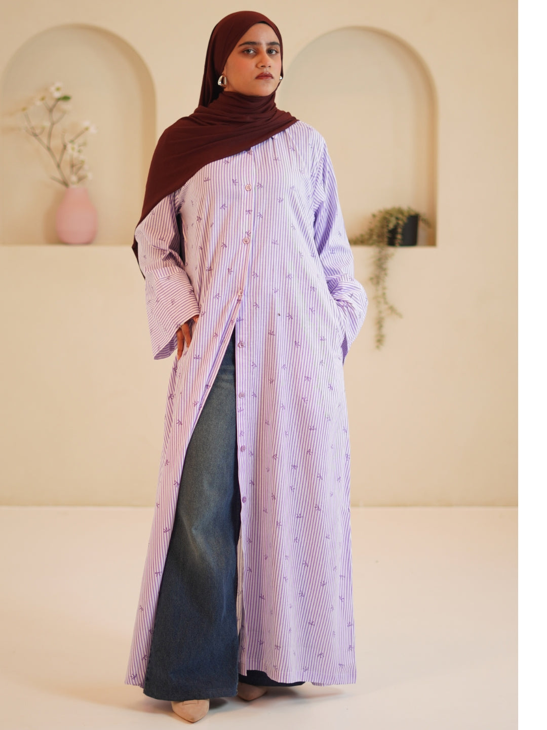 Purple Front Open Striped Shirt Dress