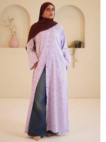Purple Front Open Striped Shirt Dress