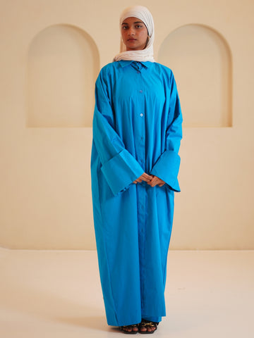 Royal Blue Front Open Solid Shirt Dress