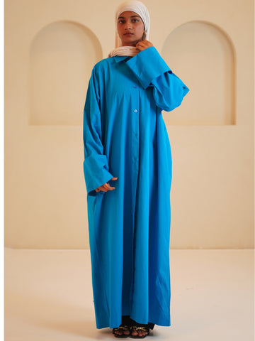 Royal Blue Front Open Solid Shirt Dress