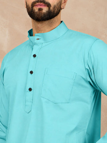 Men's Sky Blue Solid Kurta with White Pajama Set For Men