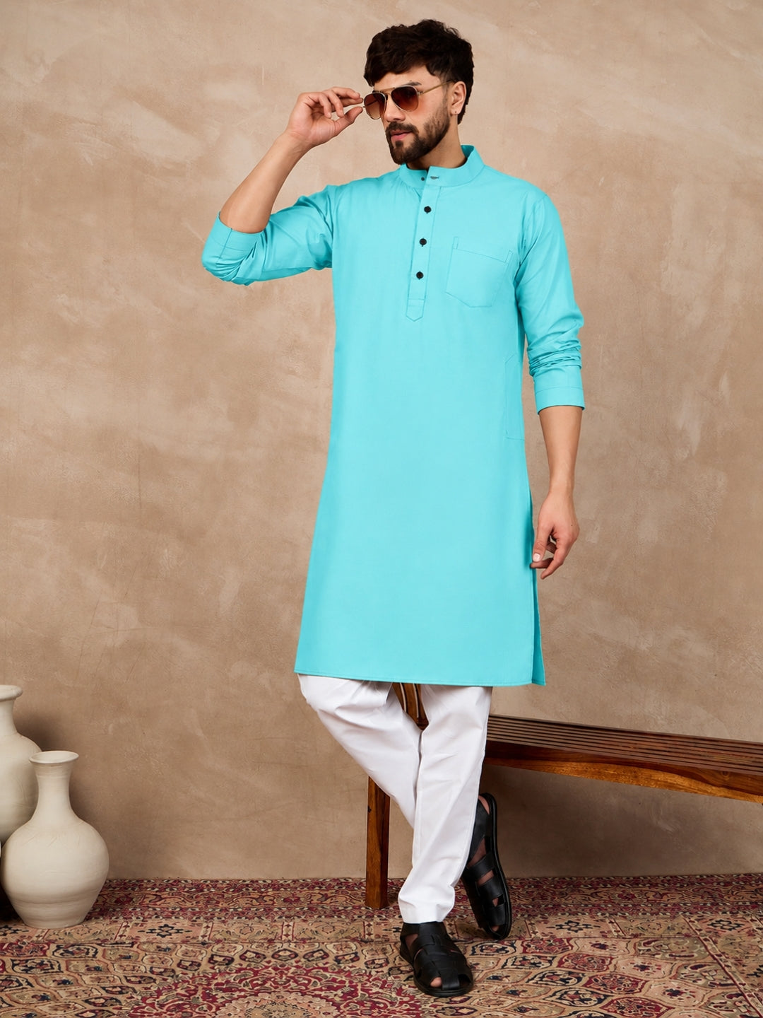Men's Sky Blue Solid Kurta with White Pajama Set For Men