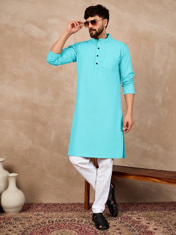 Men's Sky Blue Solid Kurta with White Pajama Set For Men