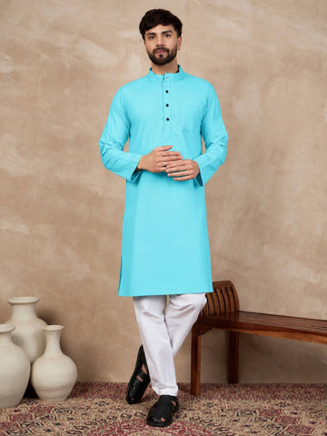Men's Sky Blue Solid Kurta with White Pajama Set For Men