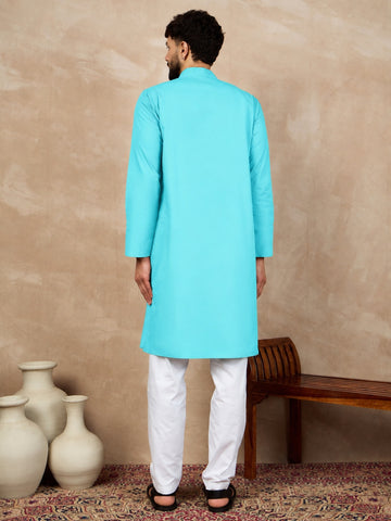 Men's Sky Blue Solid Kurta with White Pajama Set For Men