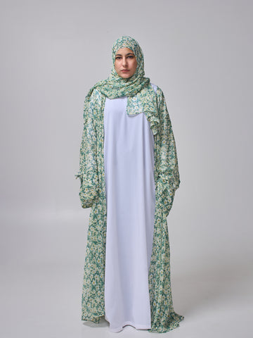 Modest Printed Green Shrug Abaya with White Inner & Matching Hijab
