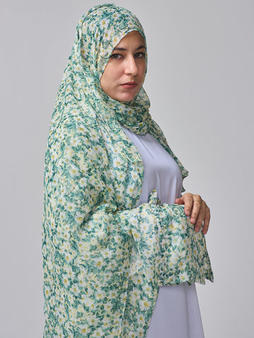 Modest Printed Green Shrug Abaya with White Inner & Matching Hijab