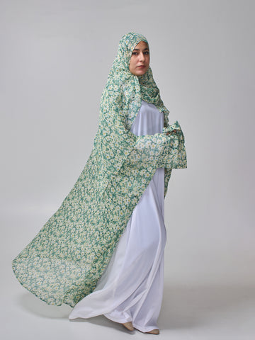 Modest Printed Green Shrug Abaya with White Inner & Matching Hijab