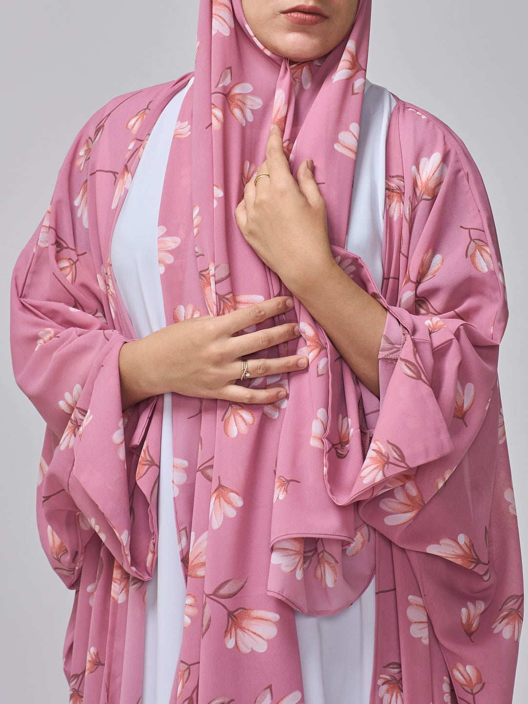 Pink Printed Modest Shrug Abaya with White Inner & Matching Hijab