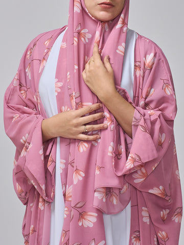 Pink Printed Modest Shrug Abaya with White Inner & Matching Hijab