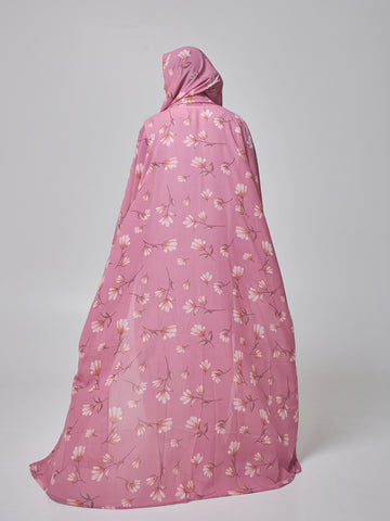 Pink Printed Modest Shrug Abaya with White Inner & Matching Hijab