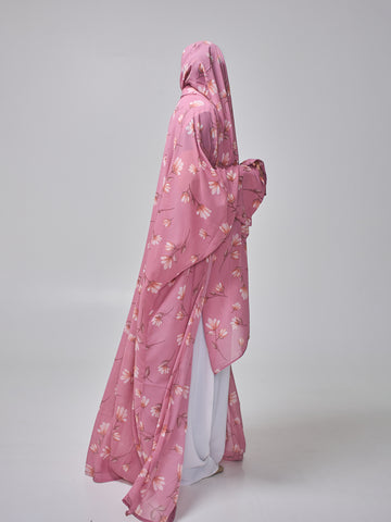 Pink Printed Modest Shrug Abaya with White Inner & Matching Hijab