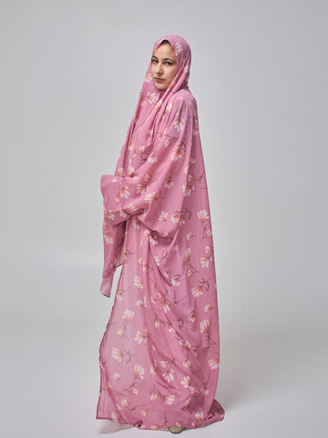 Pink Printed Modest Shrug Abaya with White Inner & Matching Hijab