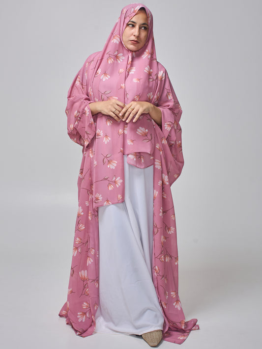 Pink Printed Modest Shrug Abaya with White Inner & Matching Hijab