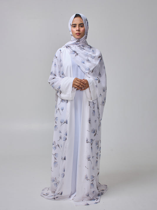 Modest White Printed Abaya Shrug with Inner for Women & Matching Hijab