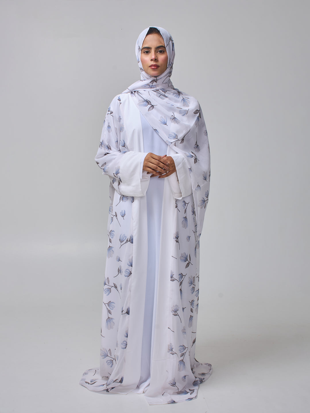 Modest White Printed Abaya Shrug with Inner for Women & Matching Hijab