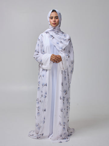 Modest White Printed Abaya Shrug with Inner for Women & Matching Hijab