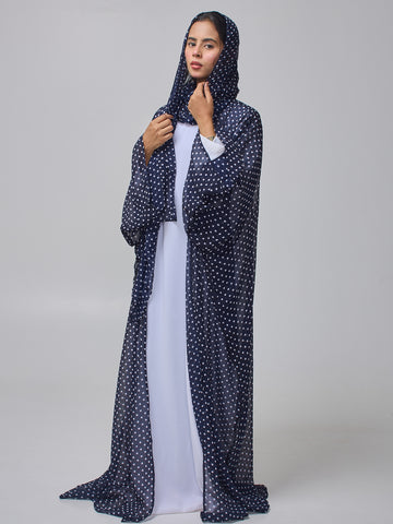 Modest Polka Printed Shrug Abaya with White Inner & Matching Hijab