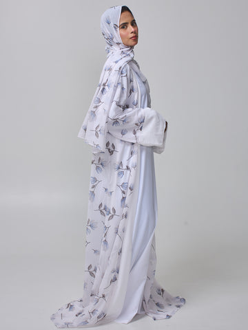 Modest White Printed Abaya Shrug with Inner for Women & Matching Hijab