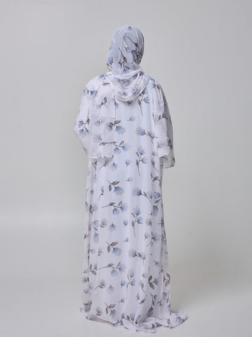 Modest White Printed Abaya Shrug with Inner for Women & Matching Hijab