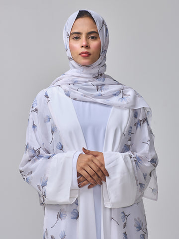 Modest White Printed Abaya Shrug with Inner for Women & Matching Hijab