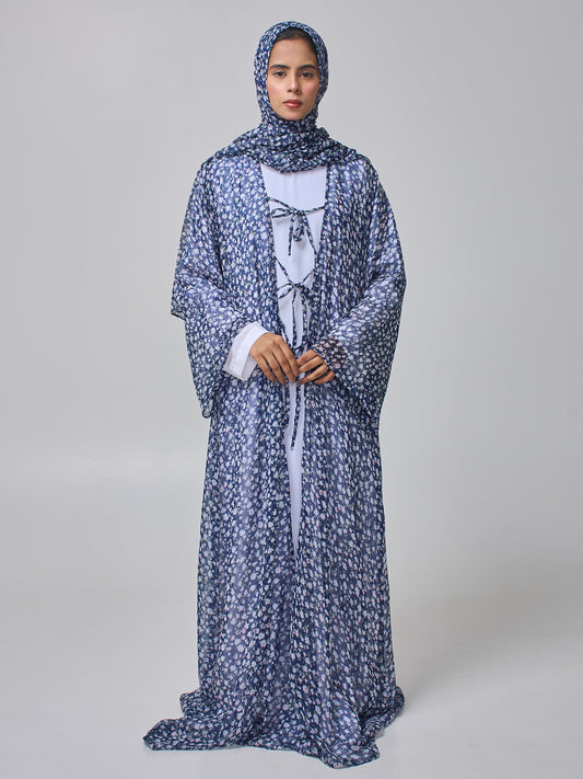 Modest Blue Printed Shrug Abaya with White Inner & Matching Hijab
