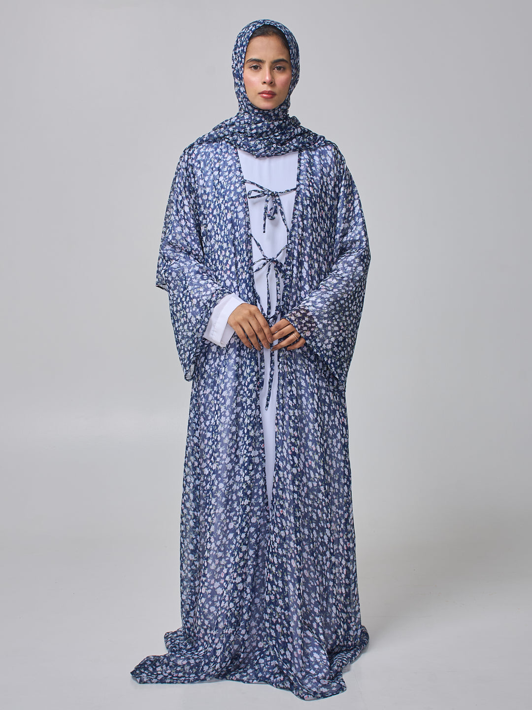 Modest Blue Printed Shrug Abaya with White Inner & Matching Hijab