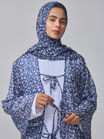 Modest Blue Printed Shrug Abaya with White Inner & Matching Hijab