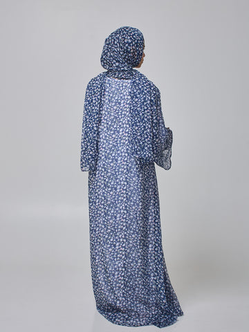 Modest Blue Printed Shrug Abaya with White Inner & Matching Hijab