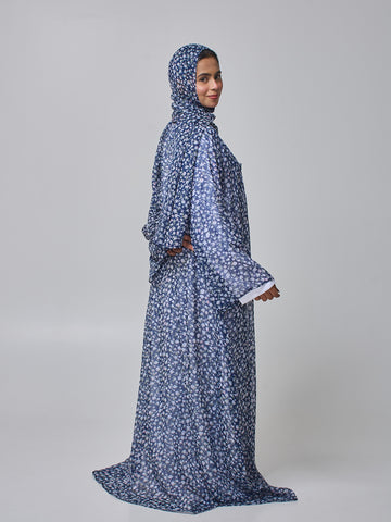 Modest Blue Printed Shrug Abaya with White Inner & Matching Hijab