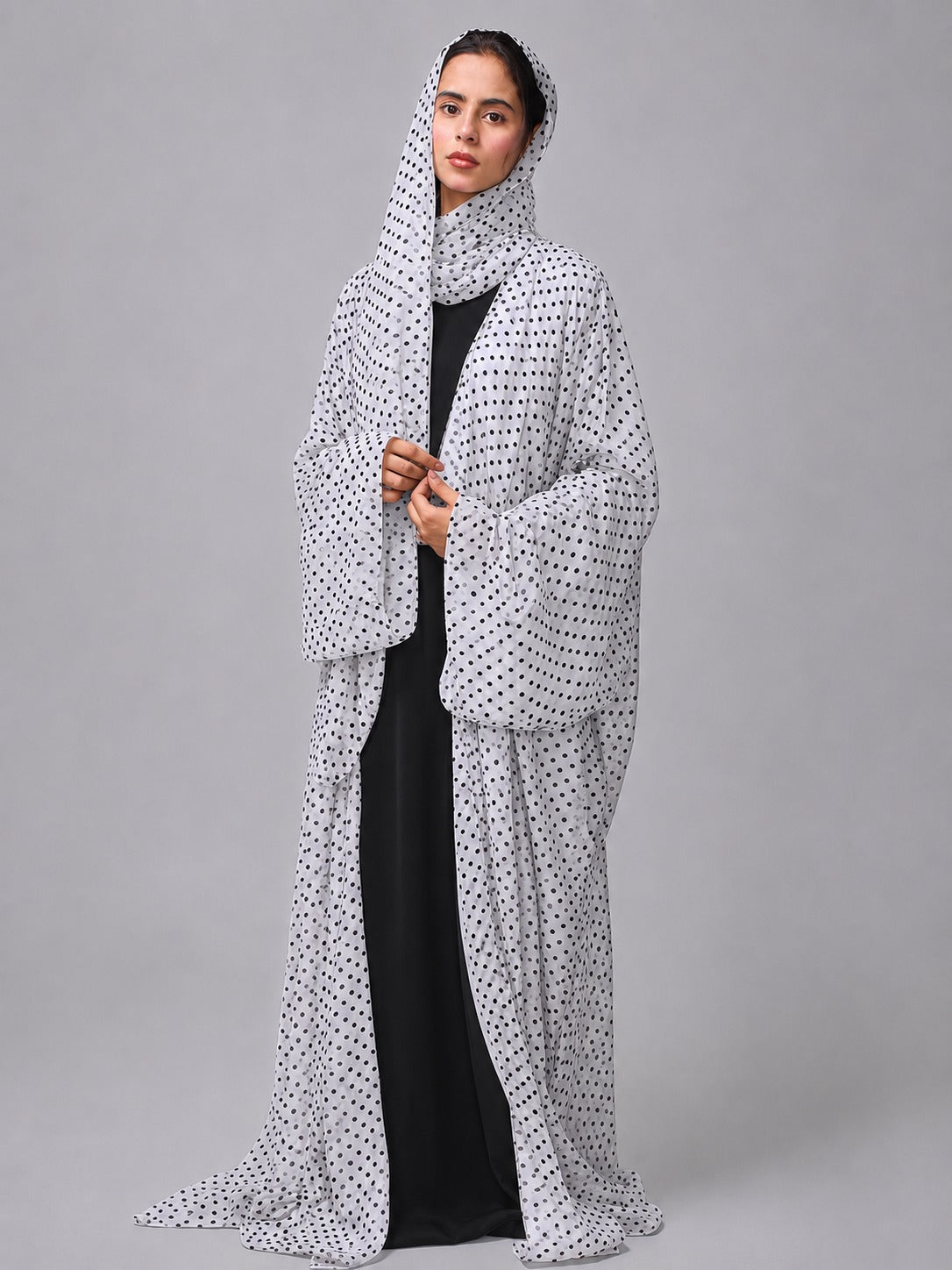 Modest Polka Printed Shrug Abaya with Black Inner & Matching Hijab
