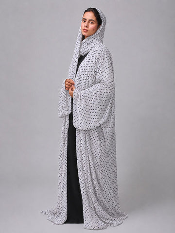 Modest Polka Printed Shrug Abaya with Black Inner & Matching Hijab