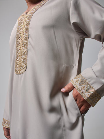 Embroidered Moroccan Light Grey Thobe for Men