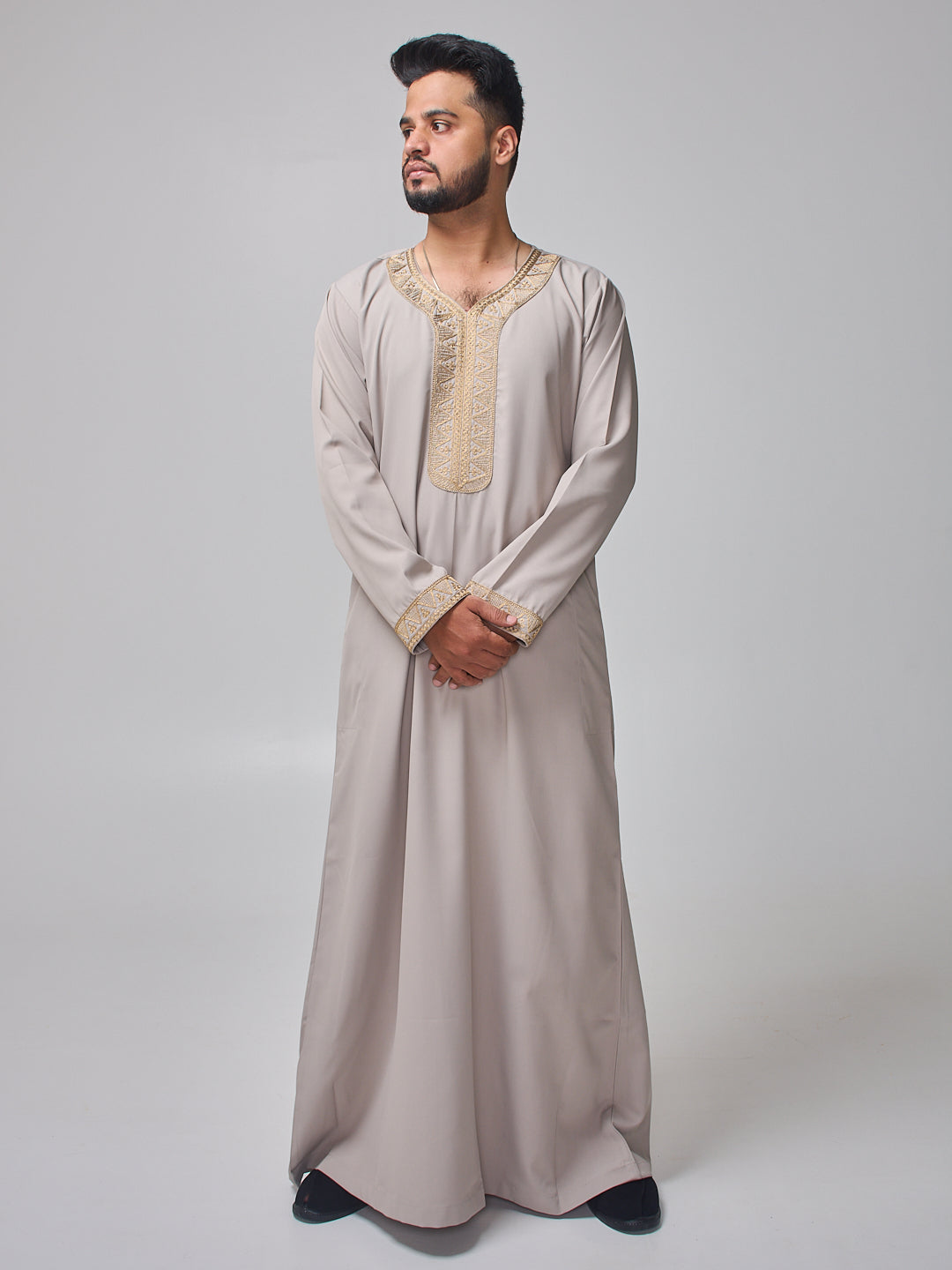 Embroidered Moroccan Light Grey Thobe for Men