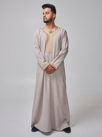 Embroidered Moroccan Light Grey Thobe for Men