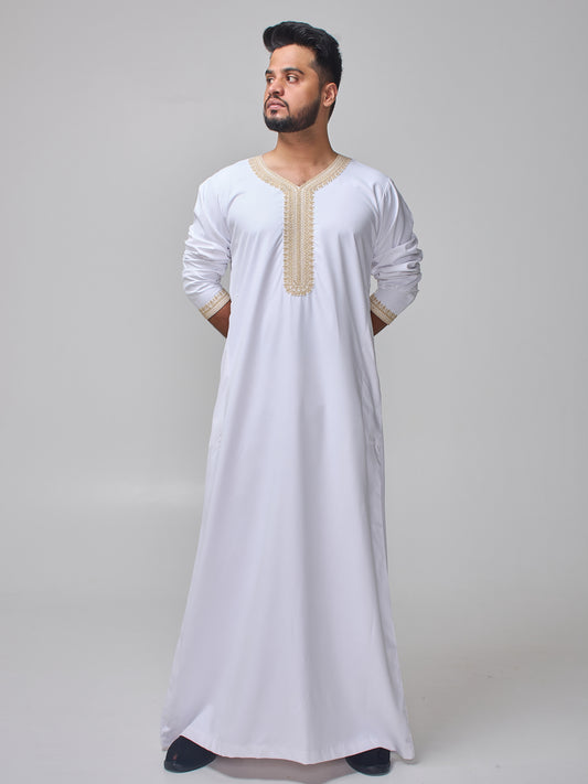 Embroidered Moroccan White Thobe for Men