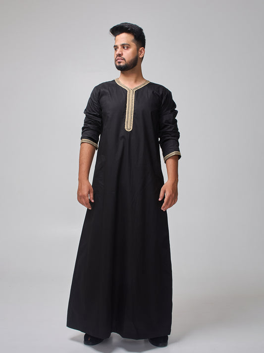 Embroidered Moroccan Black Thobe for Men