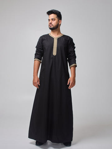 Embroidered Moroccan Black Thobe for Men